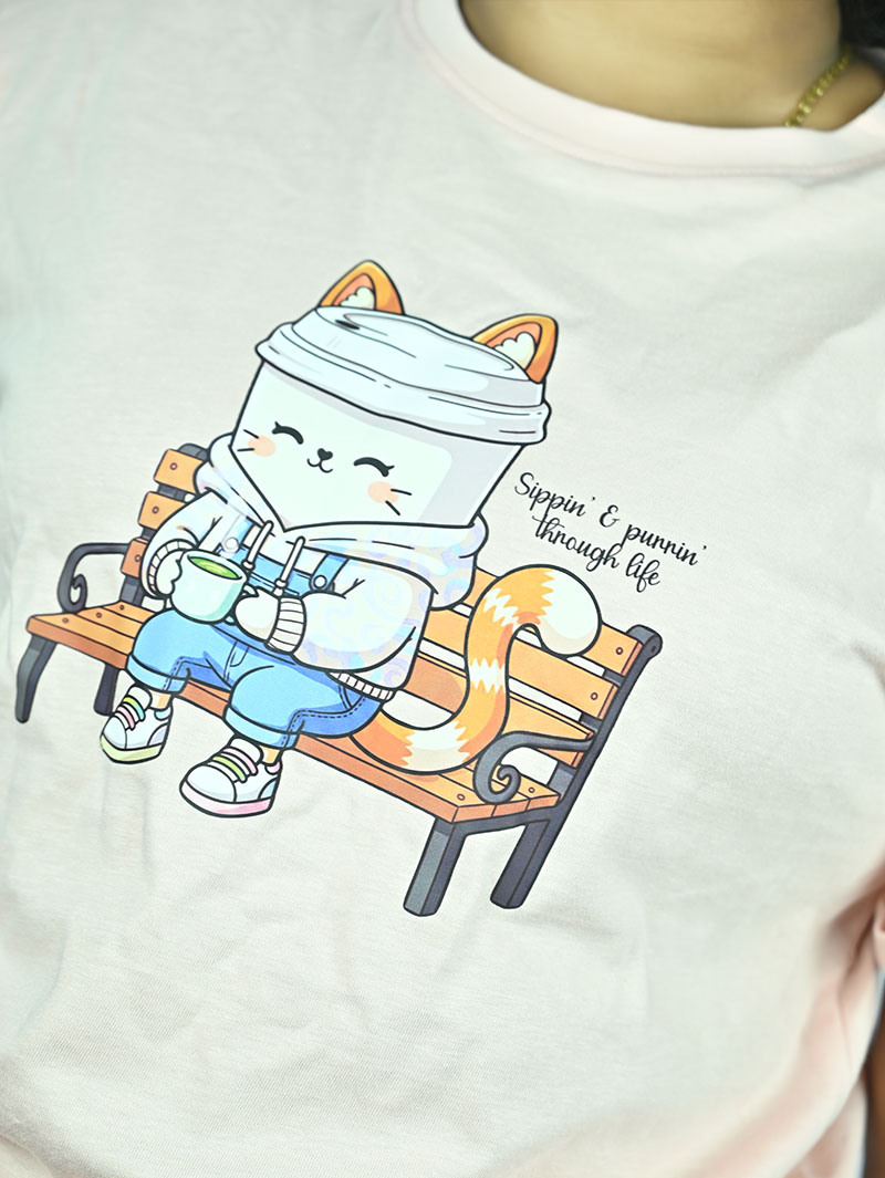 Women’s Printed Sippin & Purrin Casual Wear T-Shirt - Image 2