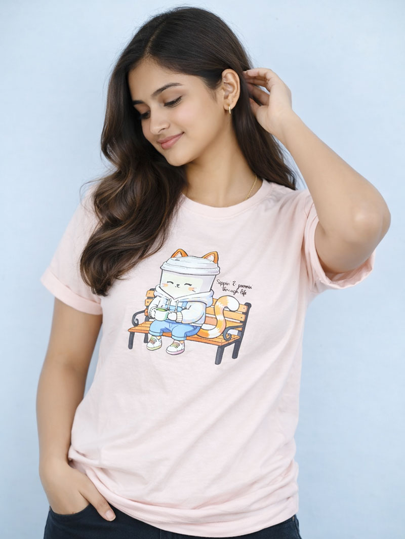 Women’s Printed Sippin & Purrin Casual Wear T-Shirt