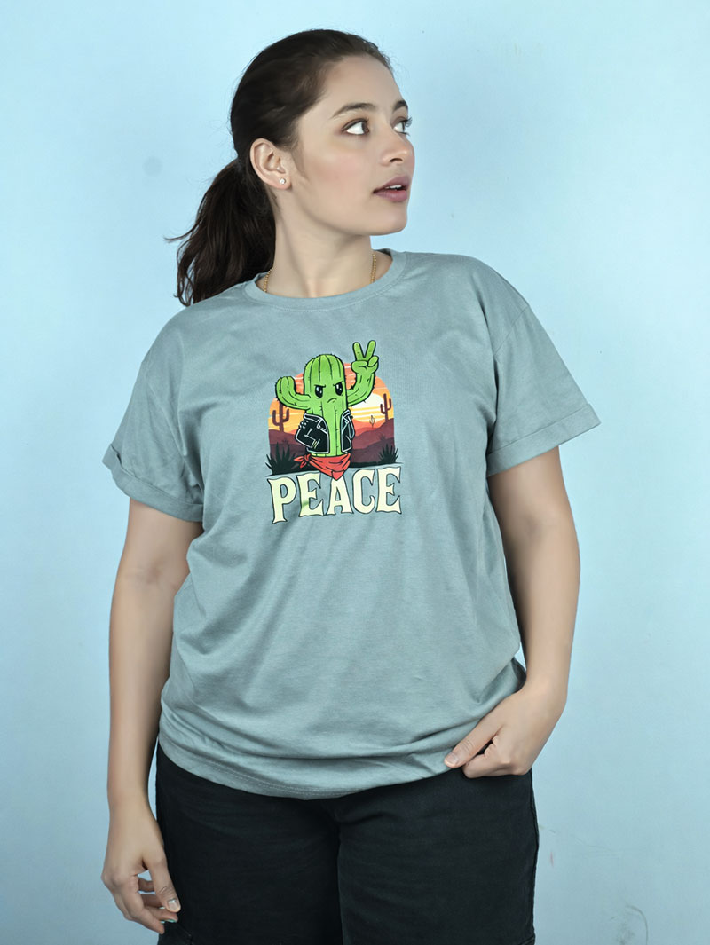 Women's Printed Cactus Peace Casual Wear T-Shirt