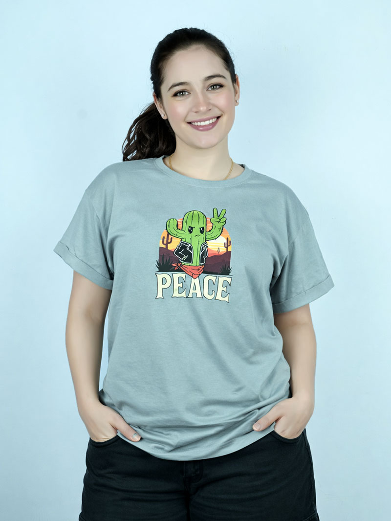 Women's Printed Cactus Peace Casual Wear T-Shirt - Image 2